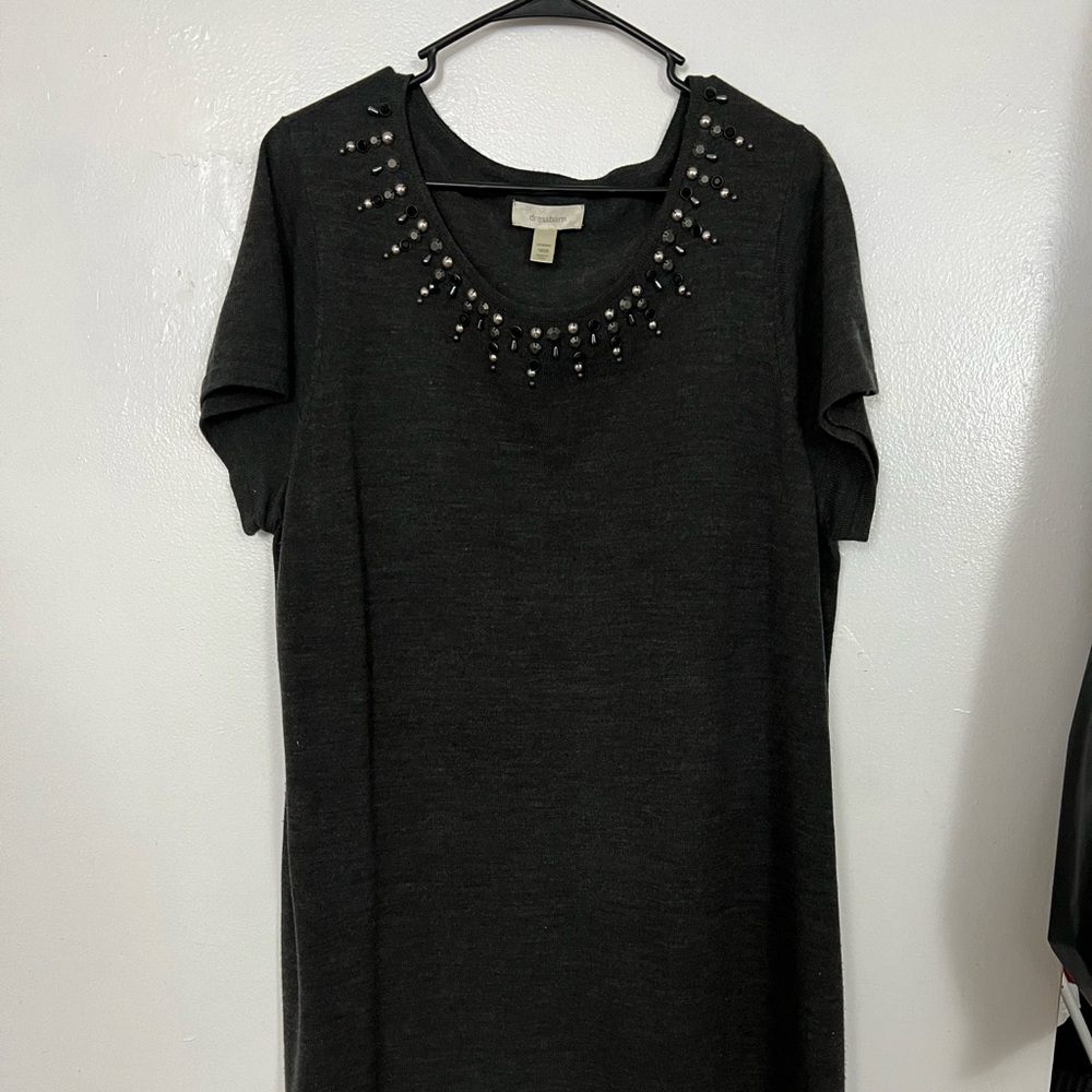 Grey dress with jewels around neck. Size 18. Gently worn